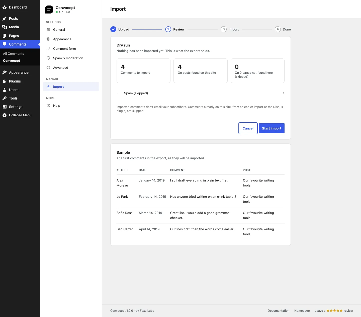 The Disqus import dry run in Comments → Convocept → Import: counts of comments to import, matched posts and skipped spam, with a sample of the first comments.