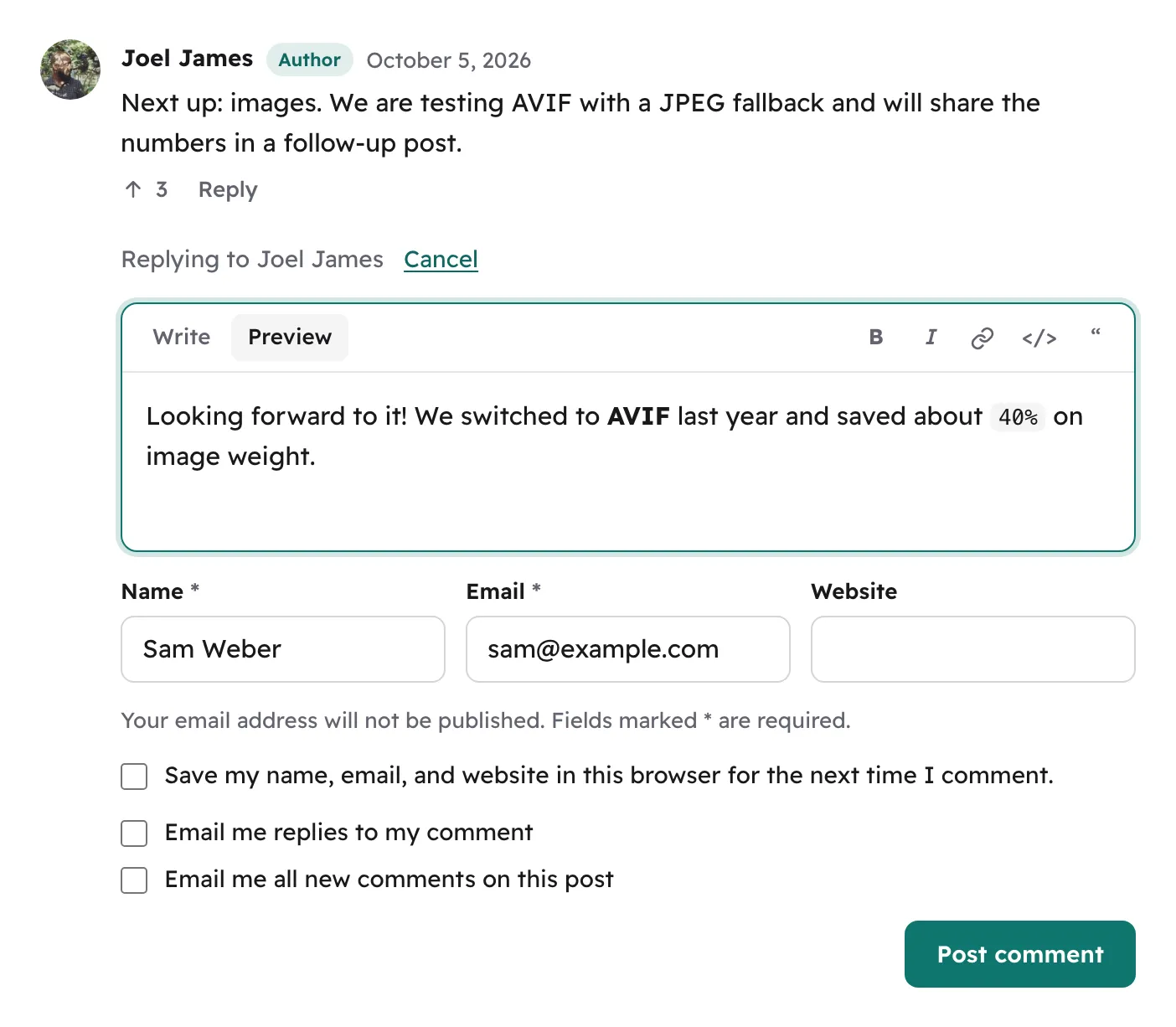 Replying inline to a comment: the form opens under it with a formatting toolbar and a preview of the reply.